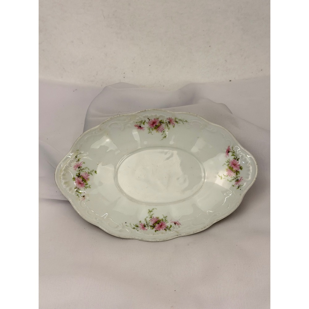 Antique Carlsbad Bohemian Porcelain Pink Floral Oval Relish Dish c1900